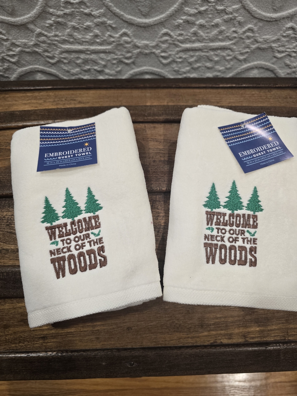 Embroidered 'Welcome to Our Neck of the Woods' White Hand Towels